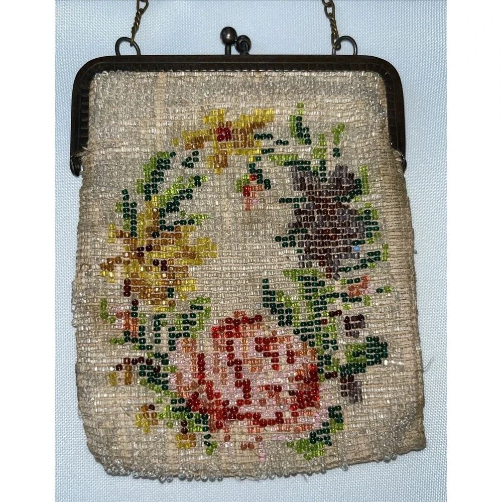 As Is Antique Micro Beaded Purse Floral For Repair Parts Crafting 1920's Frame